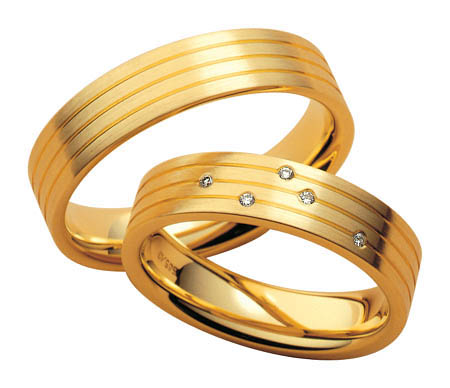 Set de Verighete Aur Galben 14kt cu Diamante Rotund Briliant, Profil Plat Finisaj Periat si 3 Canale Lustruite-img1