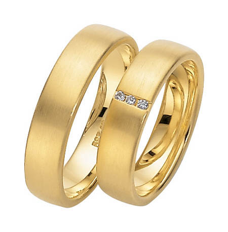 Set de Verighete din Aur Galben 14kt cu 3 Diamante Rotund Briliant Profil Plat, Finisaj Periat-img1
