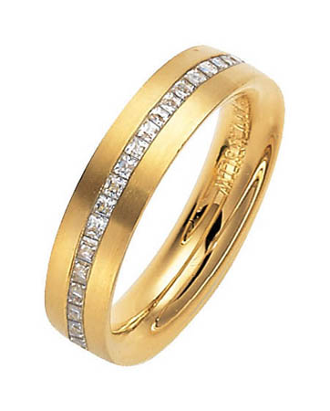 Set de Verighete din Aur Galben 14kt cu Diamante Princess in Setare Canal, Finisaj Lustruit Profil Plat-img1