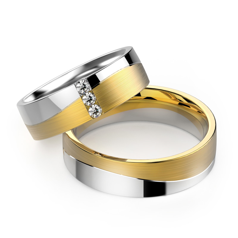 Set de Verighete din Aur Galben si Aur Alb de 14kt cu 3 Diamante Rotund Briliant, Finisaj Periat si Lustruit Profil Plat-img1