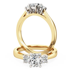 RD005YW Inel cu trei diamante, tăietură radiantă și tăietură rotundă strălucitoare, din aur galben și alb de 18 carate