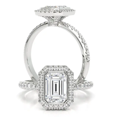 Inel de Logodna Premium din Platina 950 cu Diamant Smarald, Halo de Diamante si Accente cu Diamante sub Halo