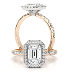 Inel de Logodna Premium din Aur Alb si Roz 18kt cu Diamant Smarald, Halo de Diamante si Accente cu Diamante sub Halo