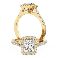 Inel Cluster cu Mai Multe Diamante Dama Aur Galben 18kt cu un Diamant Central Taietura Radiant si Diamante Mici