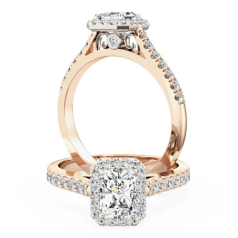 Inel de Logodna cu Diamante Dama Aur Roz si Alb 18kt cu Diamant Central Radiant, Stil Halo si Diamante Laterale