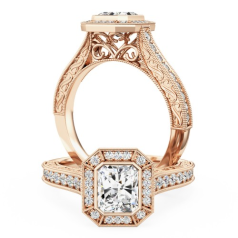 Inel de Logodna cu Diamante Dama Aur Roz 18kt cu Diamant Radiant Central, Setat Rub-Over, Stil Halo