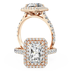 Inel de Logodna din Aur Roz 18K cu Diamant Central Radiant si Halo Triplu cu Diamante Rotunde
