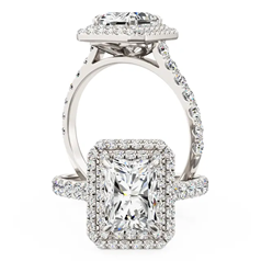 Inel de Logodna din Aur Alb 18K cu Diamant Central Radiant si Halo Triplu cu Diamante Rotunde