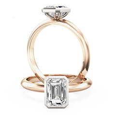 Inel de Logodna Solitaire Dama Aur Alb si Roz 18kt cu un Diamant Forma Smarald in Setare Rub Over