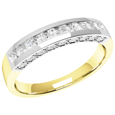 Halb Eternity Ring für Dame in 18kt Gelbgold und Weißgold mit 10 runden Diamanten und kleinen seitlich gefassten Diamanten auf beiden Seiten