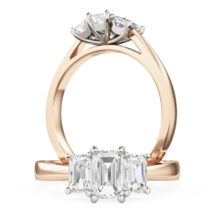 Inel de Logodna cu 3 Diamante Dama Aur Roz si Aur Alb 18kt cu Diamante Taietura Smarald