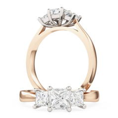 Inel de Logodna cu 3 Diamante Dama Aur Roz&Alb 18kt cu 3 Diamante Princess in Setare Gheare