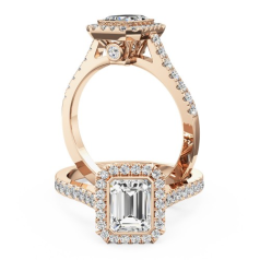 Inel Cluster Dama Aur Roz 18kt cu un Diamant Central Taietura Smarald si Diamante Mici Rotund Briliant pe Margini