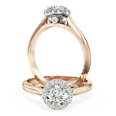Inel de Logodna Tip Halo cu Mai Multe Diamante Dama Aur Roz&Alb 18kt cu Diamante Rotunde Briliant Setate cu Gheare