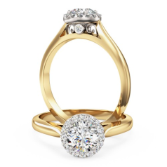 Inel de Logodna Tip Halo cu Mai Multe Diamante Dama Aur Galben&Alb 18kt cu Diamante Rotunde Briliant Setate cu Gheare