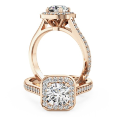 Inel de logodna cu Diamante Dama Aur Roz 18kt cu Diamant Cushion Inconjurat de Diamante Mici Rotund Briliant