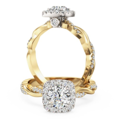 Inel de logodna cu Diamante Dama Aur Galben&Alb 18kt cu un Diamant Central Rotund Briliant,Banda Impletita