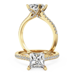 Inel de Logodna Solitaire cu Diamante Mici pe Lateral Damă,Aur Galben 18kt cu un Diamant Central Princess