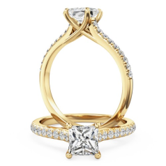 Inel de Logodna Solitaire cu Diamante Mici pe Lateral Damă,Aur Galben 18kt cu un Diamant Central Princess