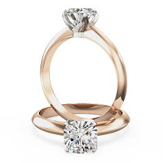 Inel de Logodna Solitaire Dama Aur Alb si Roz 18kt cu un Diamant Cushion in Setare Moderna cu 4 Gheare