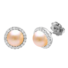 Cercei Stud Aur Alb 18kt cu Perle Piersic Deschis si Diamante Rotunde Briliant