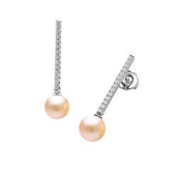 Cercei Lungi din Aur Alb 18kt cu Perle Piersic Deschis si cate 14 Diamante Rotunde Briliant