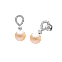 Cercei Eleganti din Aur Alb 18kt cu Perle Piersic Deschis si Diamante Rotunde Briliant