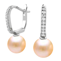 Cercei cu Perle si Diamante din Aur Alb 18kt cu Perle Piersic Deschis 9mm si Briliante Rotunde