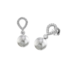 Cercei Eleganti din Aur Alb 18kt cu Perle Argintiu Inchis si Diamante Rotunde Briliant