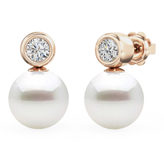 Cercei Aur Roz 18kt cu Perle Albe si Diamante Rotunde
