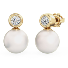Cercei Aur Galben 18kt cu Perle Albe si Diamante Rotunde