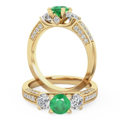Inel cu Smarald si Diamant Dama Aur Galben 18kt cu un Smarald Rotund in Centru si Diamante Rotund Briliant