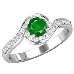 Inel cu Smarald si Diamante Mici pe Lateral Dama Aur Alb 18kt cu Diamant Rotund Briliant in Centru si Diamante Mici Rotunde Imprejur In Setare Gheare