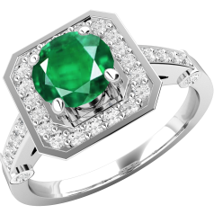 RDM516W-Inel cu Smarald si Diamant Dama Aur Alb 18kt cu un Smarald Rotund si Diamante Rotund Briliant Imprejur si pe Margini