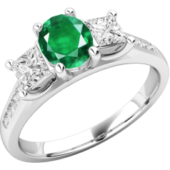 Inel cu Smarald si Diamant Dama Aur Alb 18kt cu un Smarald Oval si 2 Diamante Princess in Setare Gheare,cu Diamante Mici pe Lateral