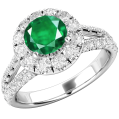 Inel cu Smarald si Diamant Dama Aur Alb 18kt cu un Safir Rotund si Diamante Mici Rotund Briliant Imprejur si pe Margini,Design Clasic,Eleganță Modermă