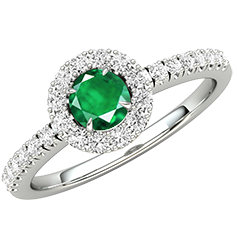 Inel cu Smarald si Diamante Dama Aur Alb 18kt cu un Smarald in Centru si Diamante Rotunde Briliant, Stil Halo si Diamante Laterale