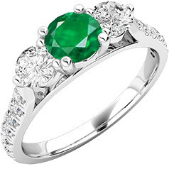 Inel cu Smarald si Diamant Dama Aur Alb 18kt cu un Smarald Rotund in Centru si Diamante Rotund Briliant pe Margini,Diamante Mici pe Lateral
