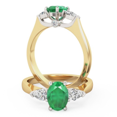 Inel de Logodna cu Smarald si Diamante Dama Aur Galben&Alb 18kt cu un Smarald Oval si 2 Diamante Forma Para