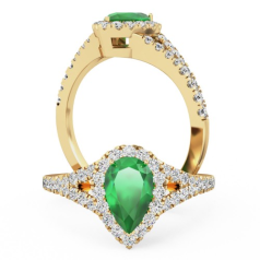 Inel de Logodna cu Smarald si Diamante Dama Aur Galben 18kt cu un Smarald Central in Forma de Para si Diamante