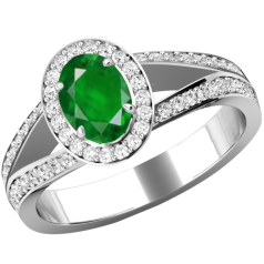 Inel cu Smarald si Diamante Dama Aur Alb 18kt cu un Smarald Central Oval si Diamante Mici Rotund Briliant Imprejur si pe Margini