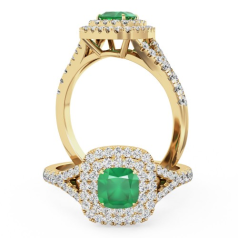 Inel de Logodna cu Smarald si Diamante Dama Aur Galben 18kt cu un Smarald Central Cushion cu Dublu Halo