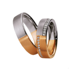 Set de Verighete din Aur Alb si Aur Roz de 14kt cu Diamante Rotunde Briliant, Profil Plat si Interior Rotunjit